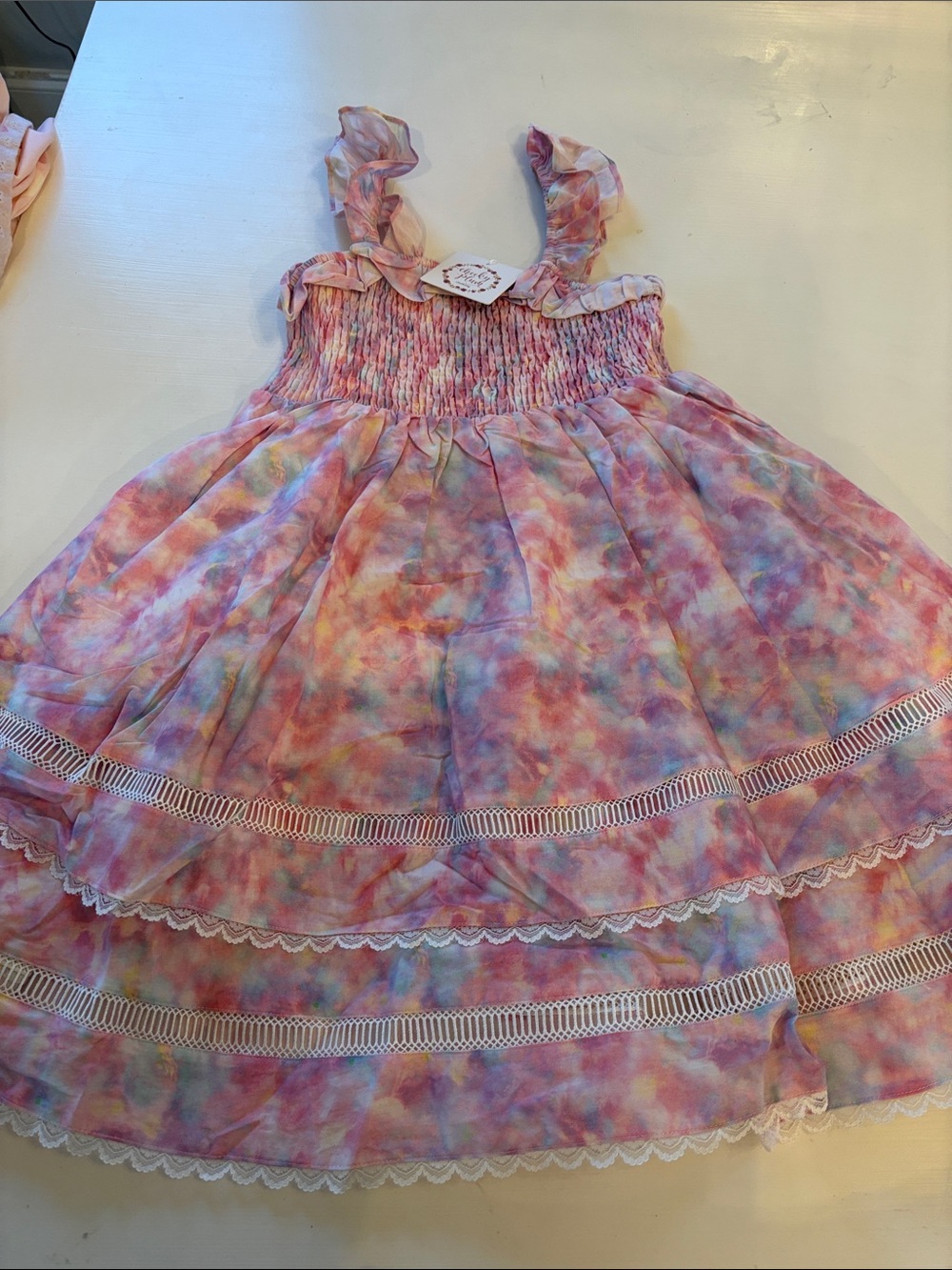 cheeky plum Pink Multiwatercolor Ruffle Sundress with Lace Trim